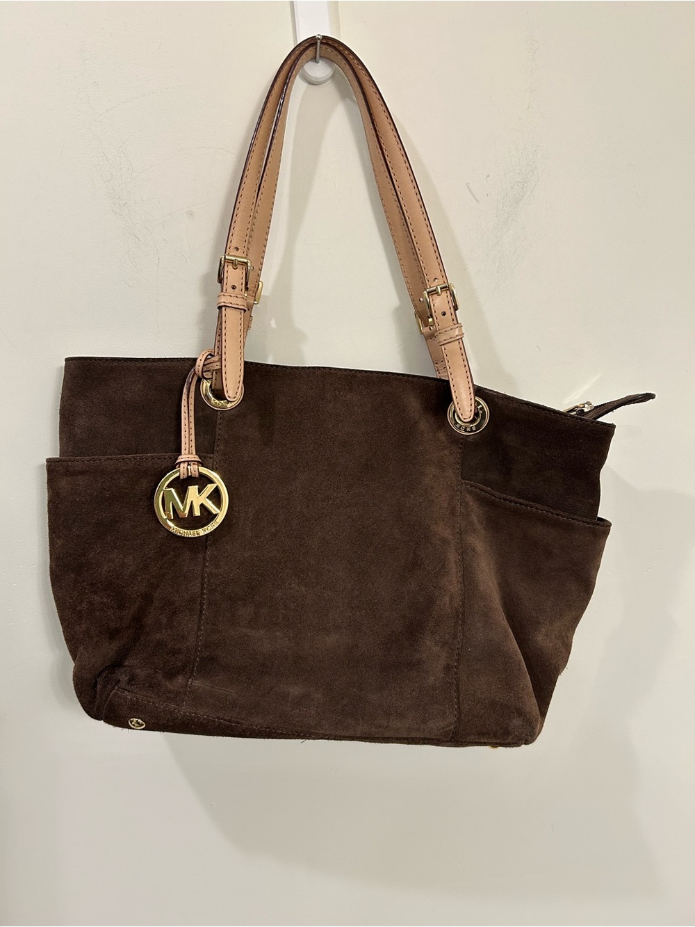 MICHAEL Michael Kors Dark Brown Suede Tote with Tan Handles